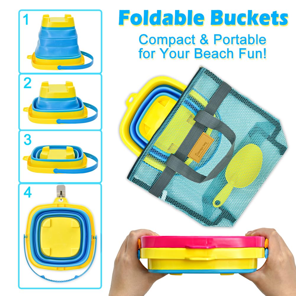 Faltbares Strandsandspielzeug für Kinder, Strandreisespielzeug mit 2 faltbaren Strandeimern, Netztaschen, Sandburgformen, Sandschaufelspiel für Kinder