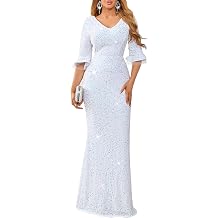 dasmzper Women's Sequin V Neck Flare Sleeve Formal Evening Gown