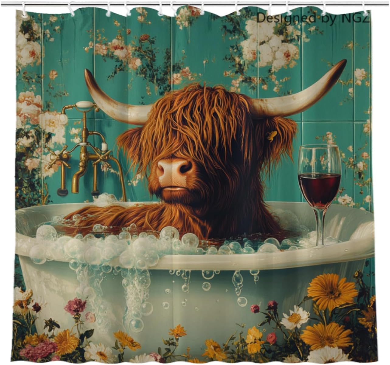 NGZ Funny Highland_Cow Teal Shower Curtain, SPA with Wine, Green Shower Curtain, 72x72 Inches Shower Curtains for Bathroom, Bath Curtains Set with 12 Hooks