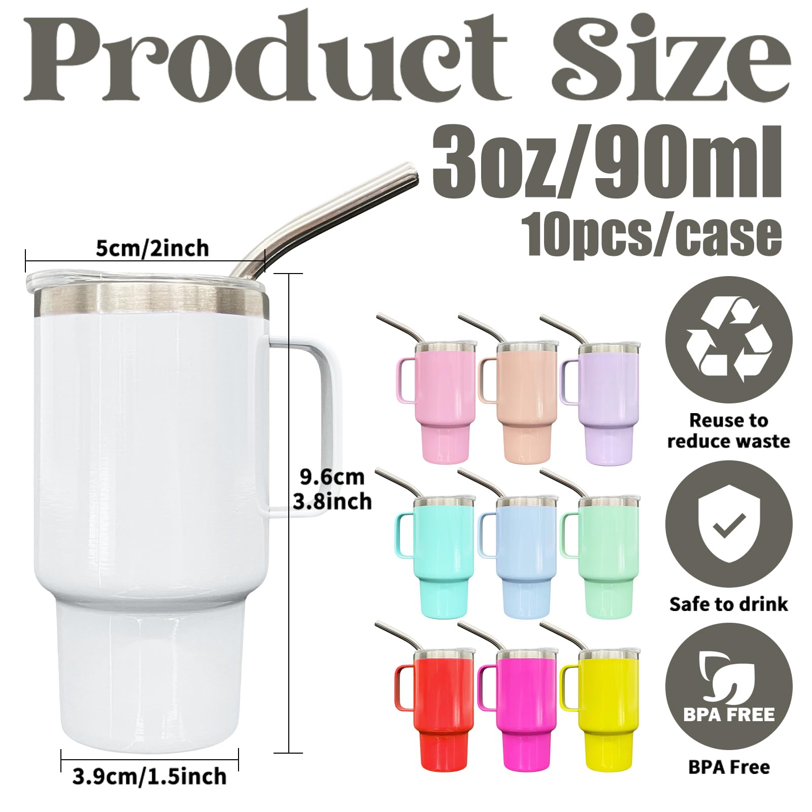 Confezione da 10 mini bicchierini da shot con cannuccia e coperchio, in acciaio inox, con manico, per feste di nozze, whisky, cocktail bar (colori misti)