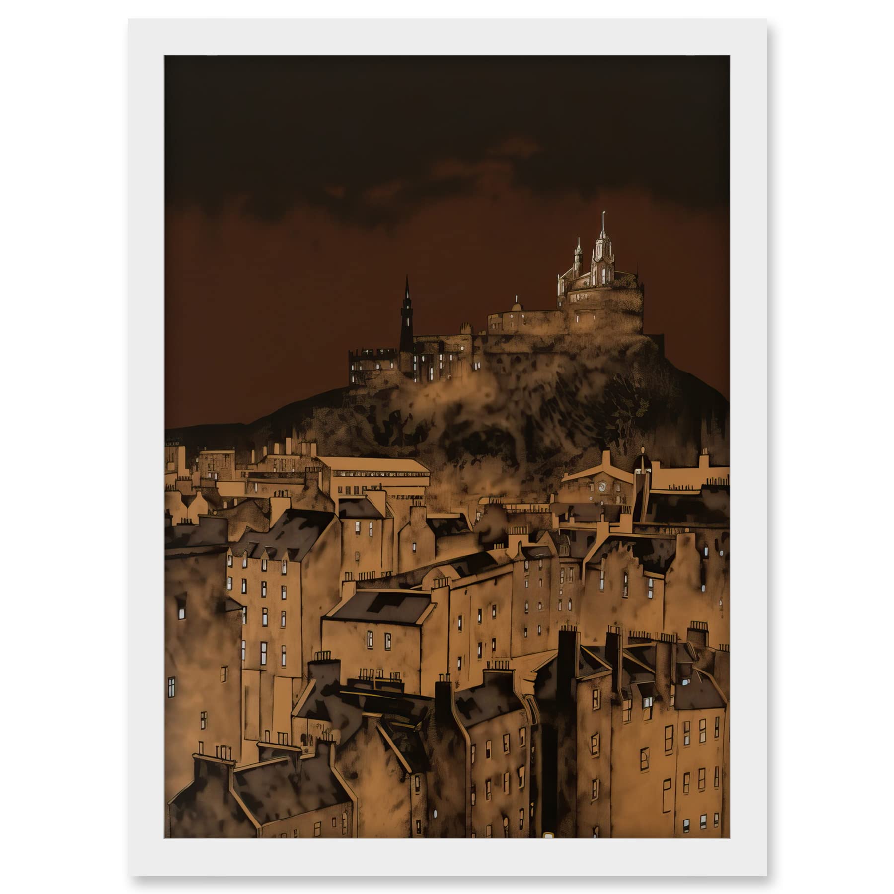 Artery8 Edinburgh Castle Over Old Town Cityscape at Night Artwork Framed A3 Wall Art Print