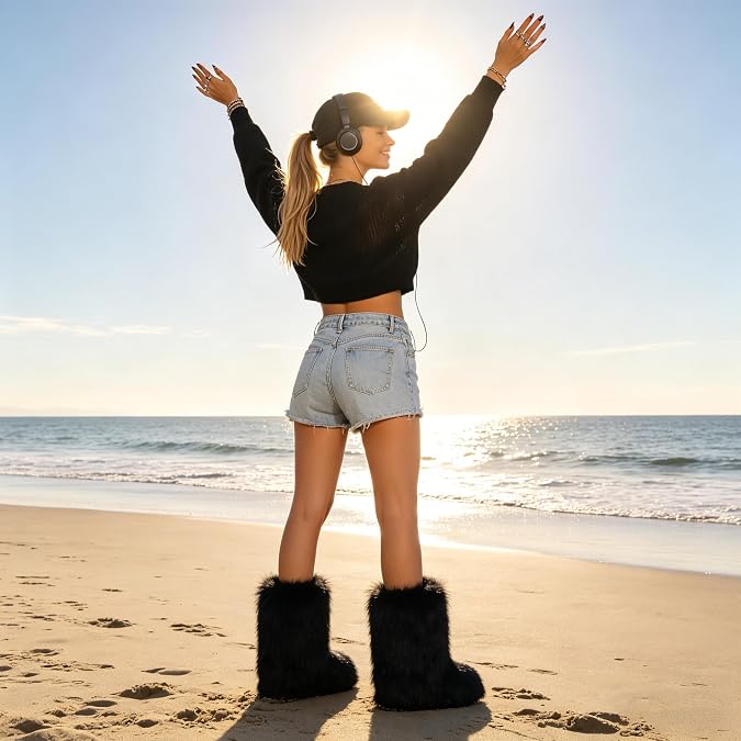 Women Faux Fur Furry Boot Fluffy Mid Calf Snow Boots Round Toe Suede Comfy Warm Flat Shoes Winter For Girl