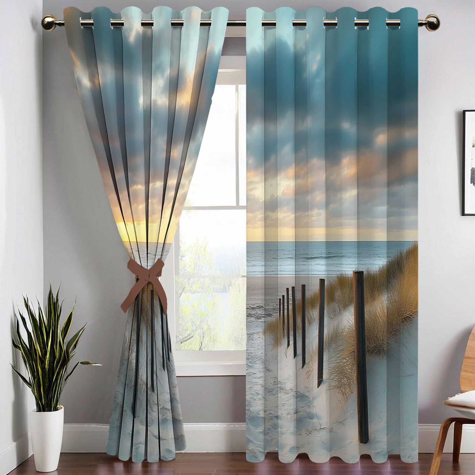 Vorhang Blickdicht Vorhänge Verdunkelungsvorhang,Ruhiger Strand Gardinen Mit Ösen Wohnzimmer Schlafzimmer,Natur Sonnenuntergang Thermovorhang 3D H 214 x B 132 cm Ösenschal 2Er Set