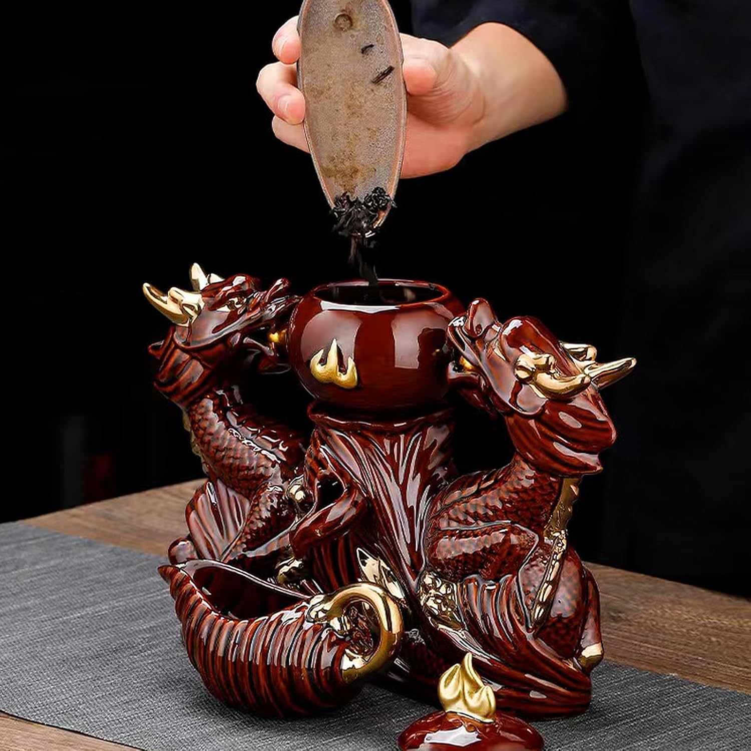 Gongfu Tea Set, Chinese Dragon Shape, Pure Hand Firing, Lazy Kungfu Ceramic Tea Set with 360Rotating Teapot and Infuser, Suitable for Office, Home, Gift (Double Red Dragon)