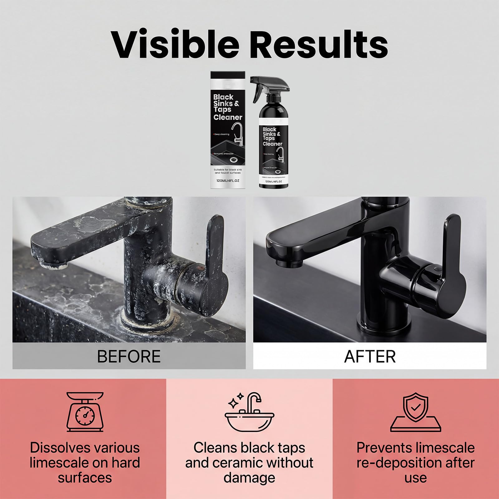 Multi Surface Black Sinks & Taps Cleanser, Hard Water Mark Removal Spray, 2026 New Stainless Steel Basin & Cookware Cleaner, Limescale Eliminator Fit for Diverse Kitchen Basin Surfaces (5 stücke)