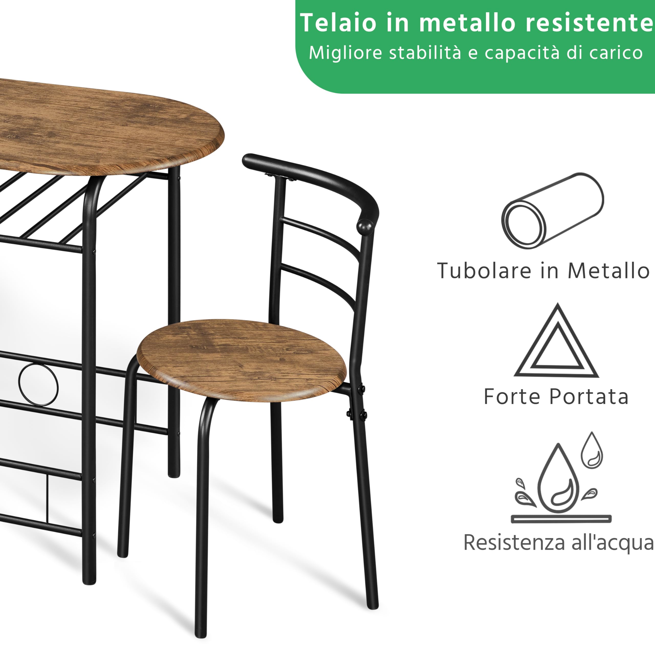 Yaheetech Set Mobili da Bar Tavolo e 2 Sedie Sala da Pranzo Cucina Piccoli Spazi Salvaspazio Balcone per 2 Persone in Legno e Metallo Sedia Portata 136 kg Marrone Retro