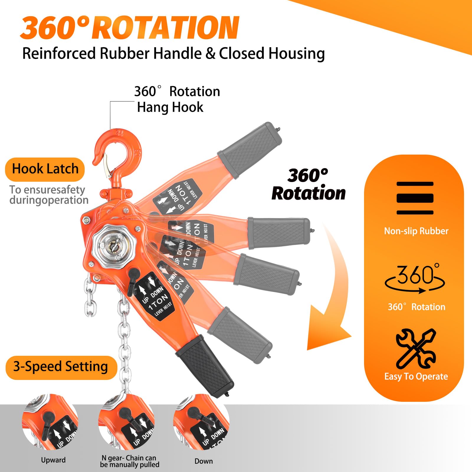 1 Ton Chain Hoist - 10FT Lift, Manual Ratchet -6