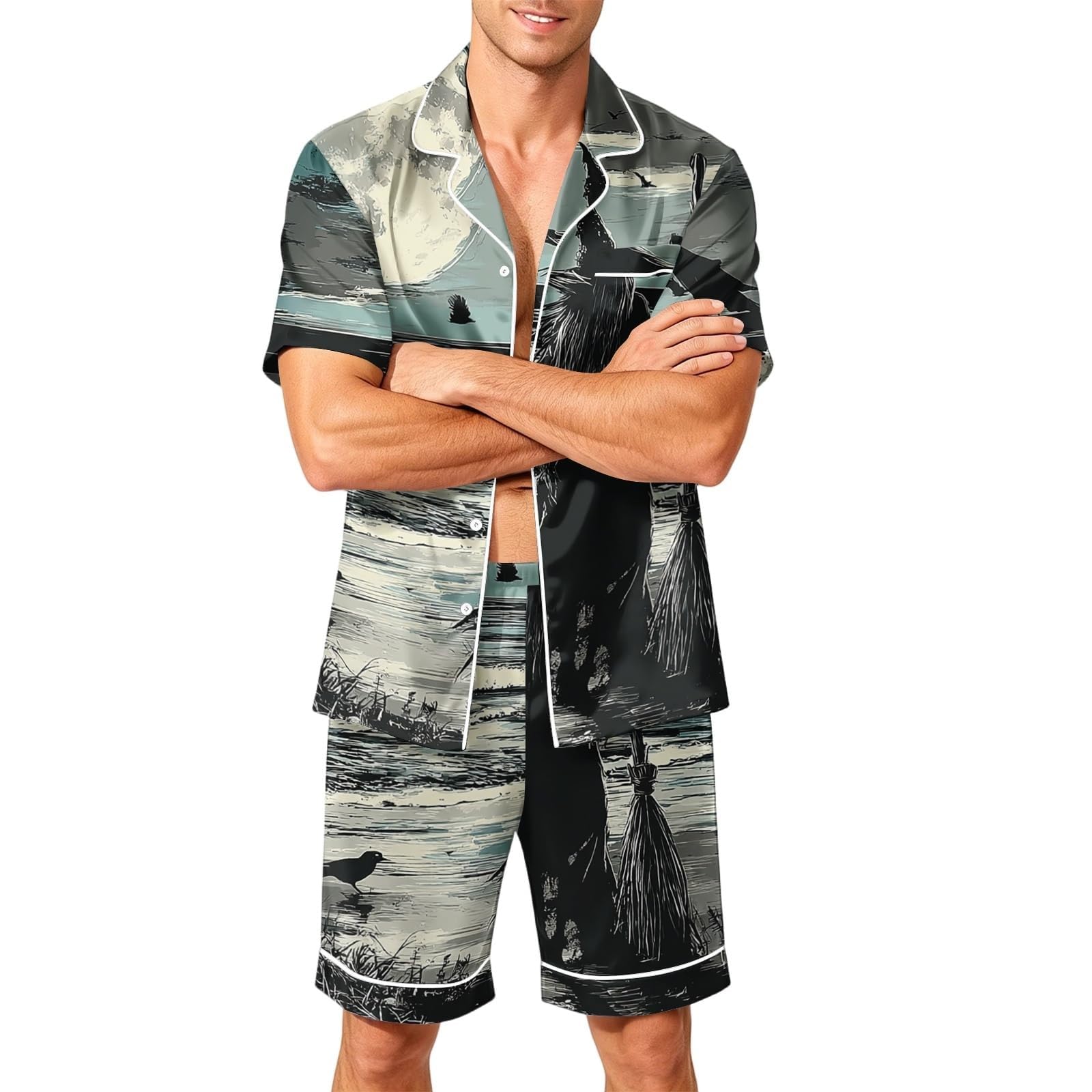 Generisch Pijama deportivo para hombre de manga corta con botones y pantalones cortos con estampado gótico, juego de ropa de dormir y ropa de dormir de 2 piezas para las vacaciones, pijama para hombre