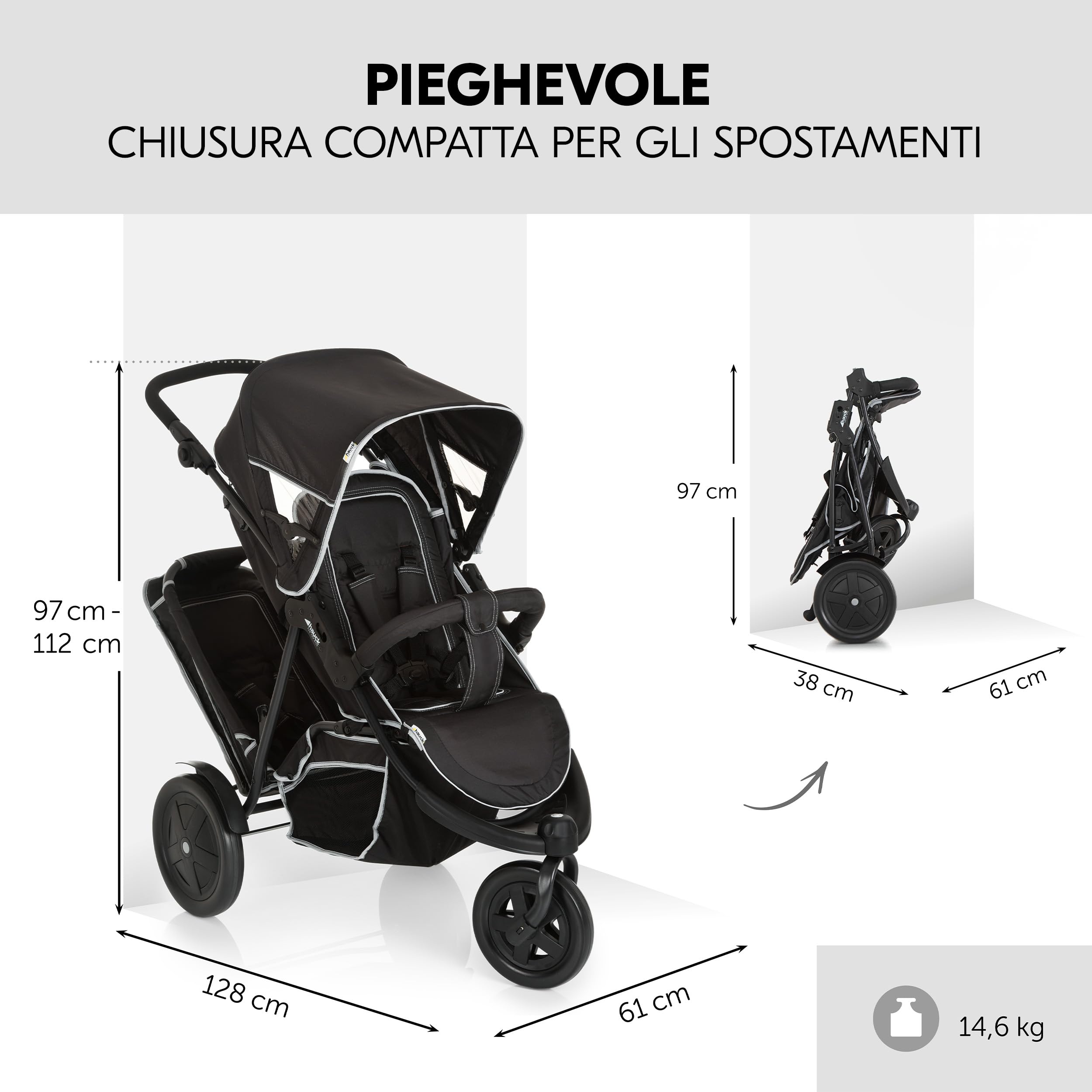 hauck Freerider, Nero - Passeggino 3 Ruote Fratellare Tandem per 2 Bambini Età Diversa, Sedile Superiore dalla Nascita, Seduta in Basso dai 6 Mesi, Maniglione Regolabile, Pieghevole, Grande Cesto