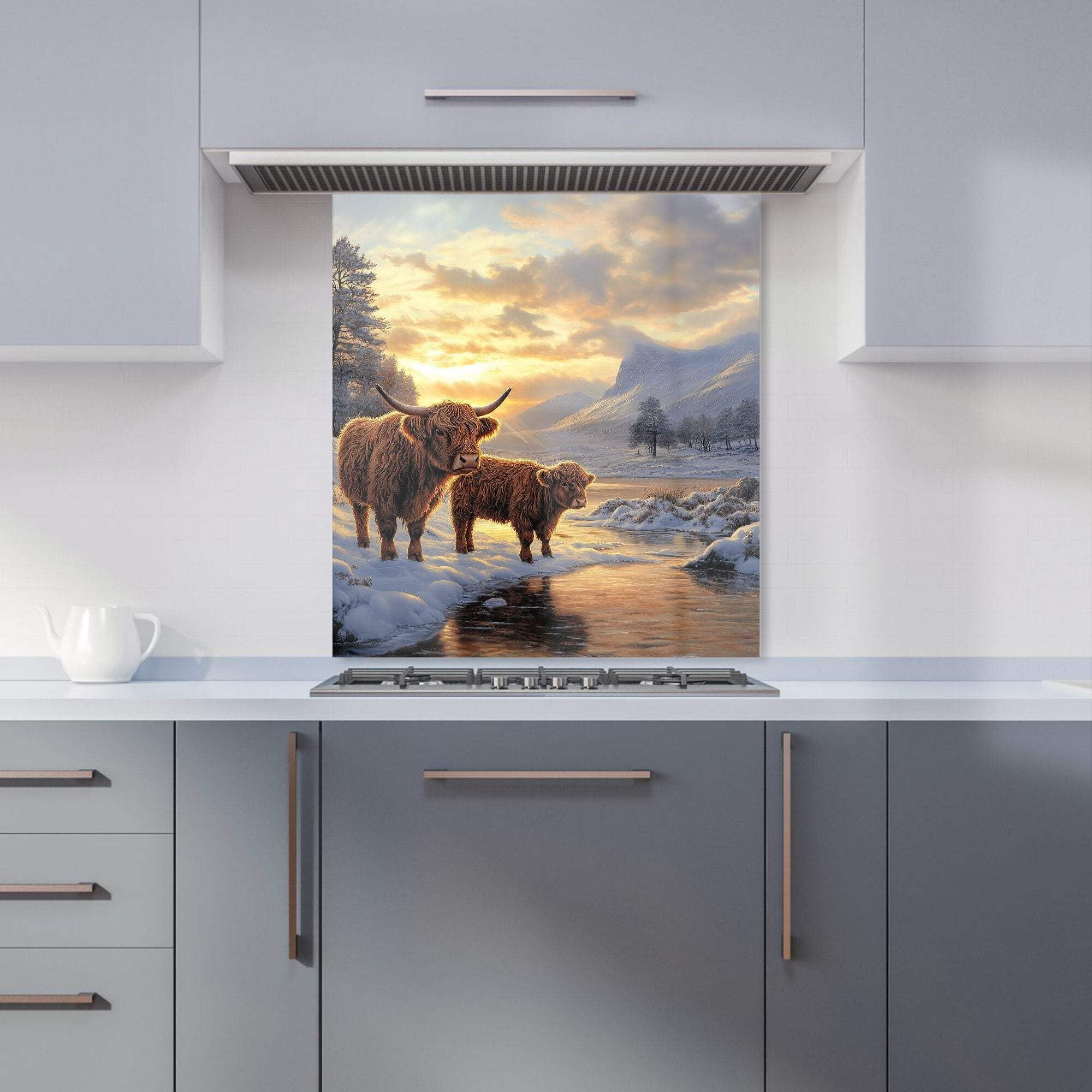 Warren Reed - Highland Cows By The Lake Kitchen Splashback
