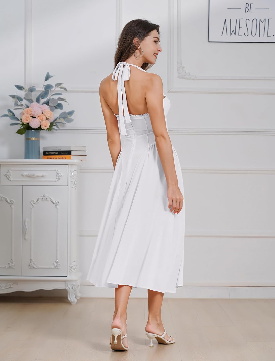 Floral Corset Dress Solid Long Dress Sleeveless Halter Low Cut Dress Open Back Bustier Midi Dress Summer - Image 7