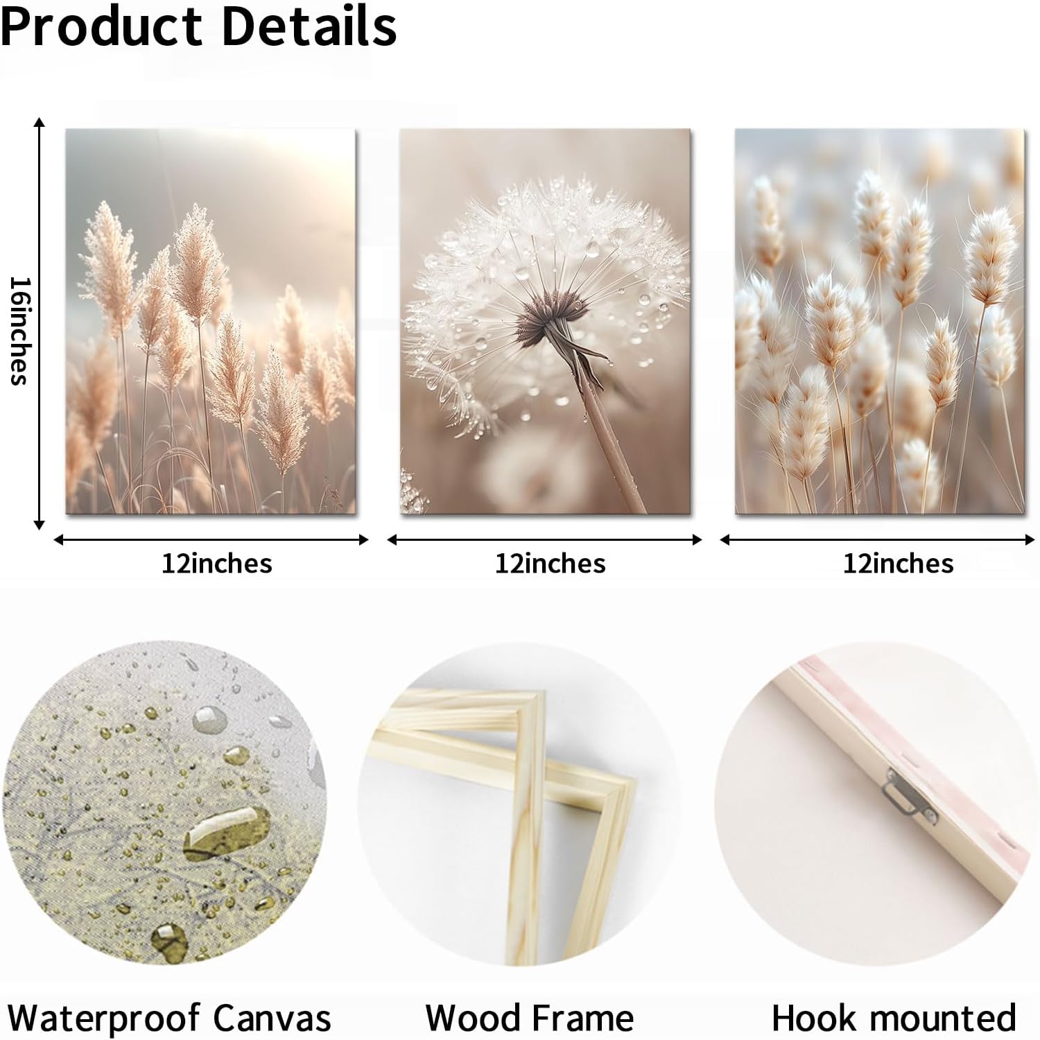 AoArtWZ Dandelion Canvas Wall Art Beige Pampas Plant Flower in Sunshine Picture Prints Artwork for Home Living Room Decor Framed 12" x 16" x 3pcs