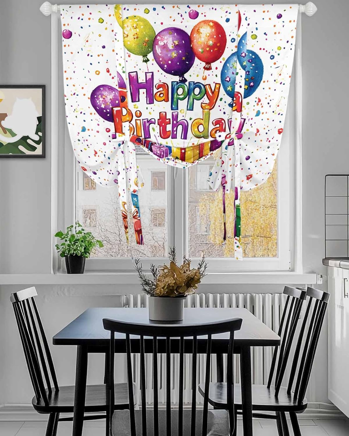 Tie Up Curtain for Windows Happy Birthday Balloon Window Shades for Bedroom Bathroom Adjustable Rod Pocket Colorful Balloons Window Treatment Curtains Valance for Kitchen 52" W x 63" L