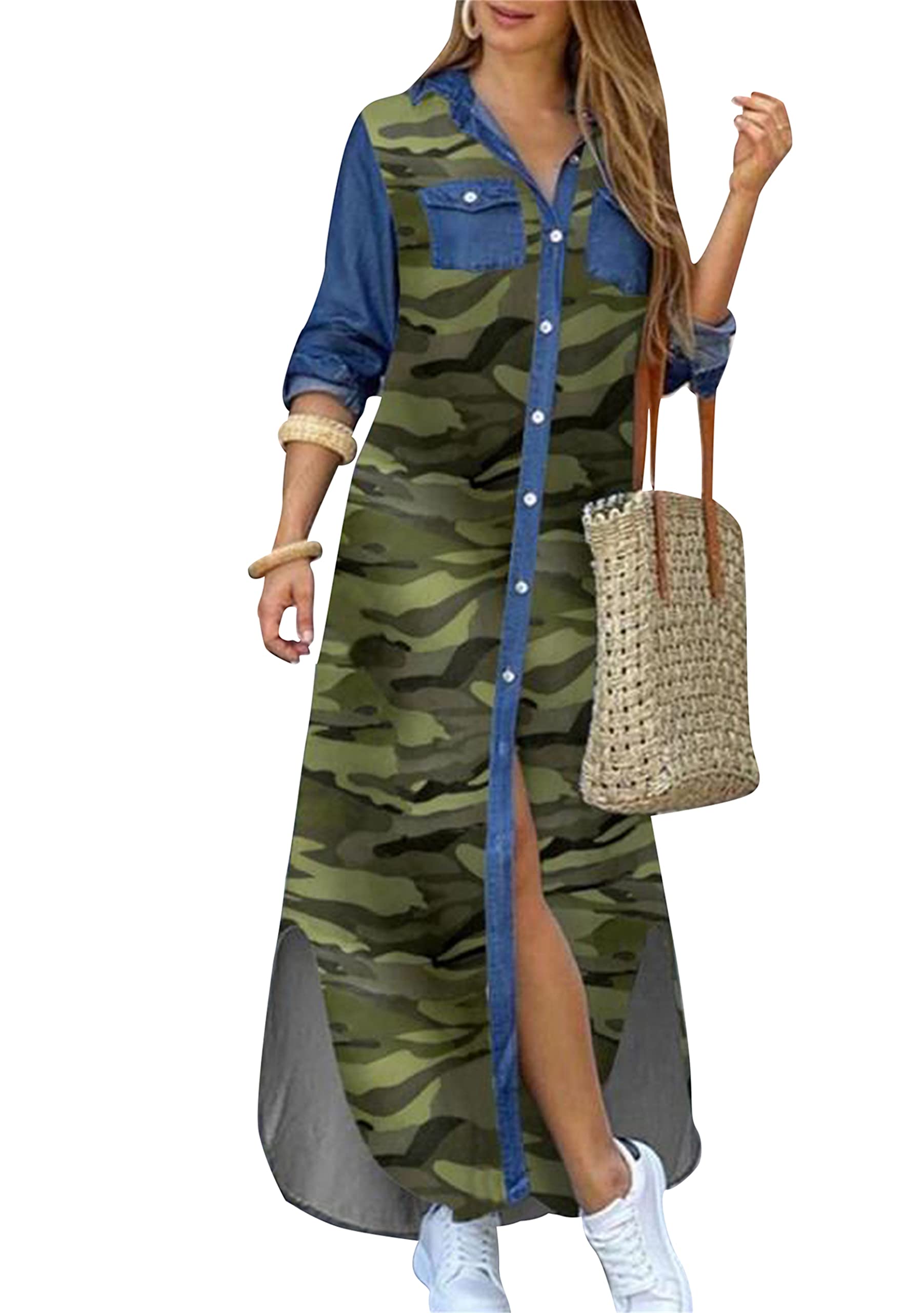 DIACACY Women's Casual Lapel Collar Floral Print Maxi Dresses Side Slit Long Sleeves Loose Slim Shirt Dresses