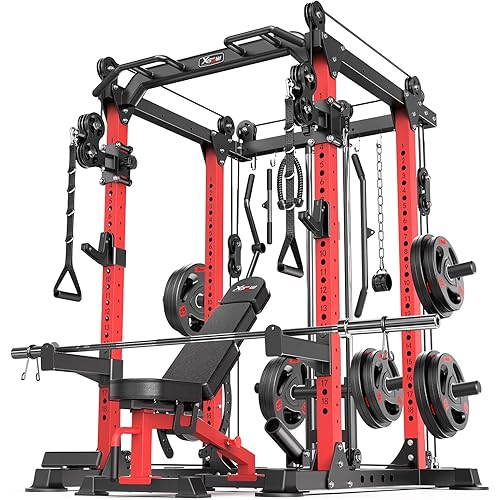 Power Cage Multi-Function Power Rack with Cable Crossover System,1800 LBS Capacity Squat Rack with Weight Bench,for Home Gym