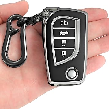 Kirsnda for Toyota key fob cover,case with keychain,Soft TPU Protection key Shell/skin,4 Buttons fit Camry Corolla for RAV4 for C-HR Yaris Fortuner Flip Remote KeyBlack