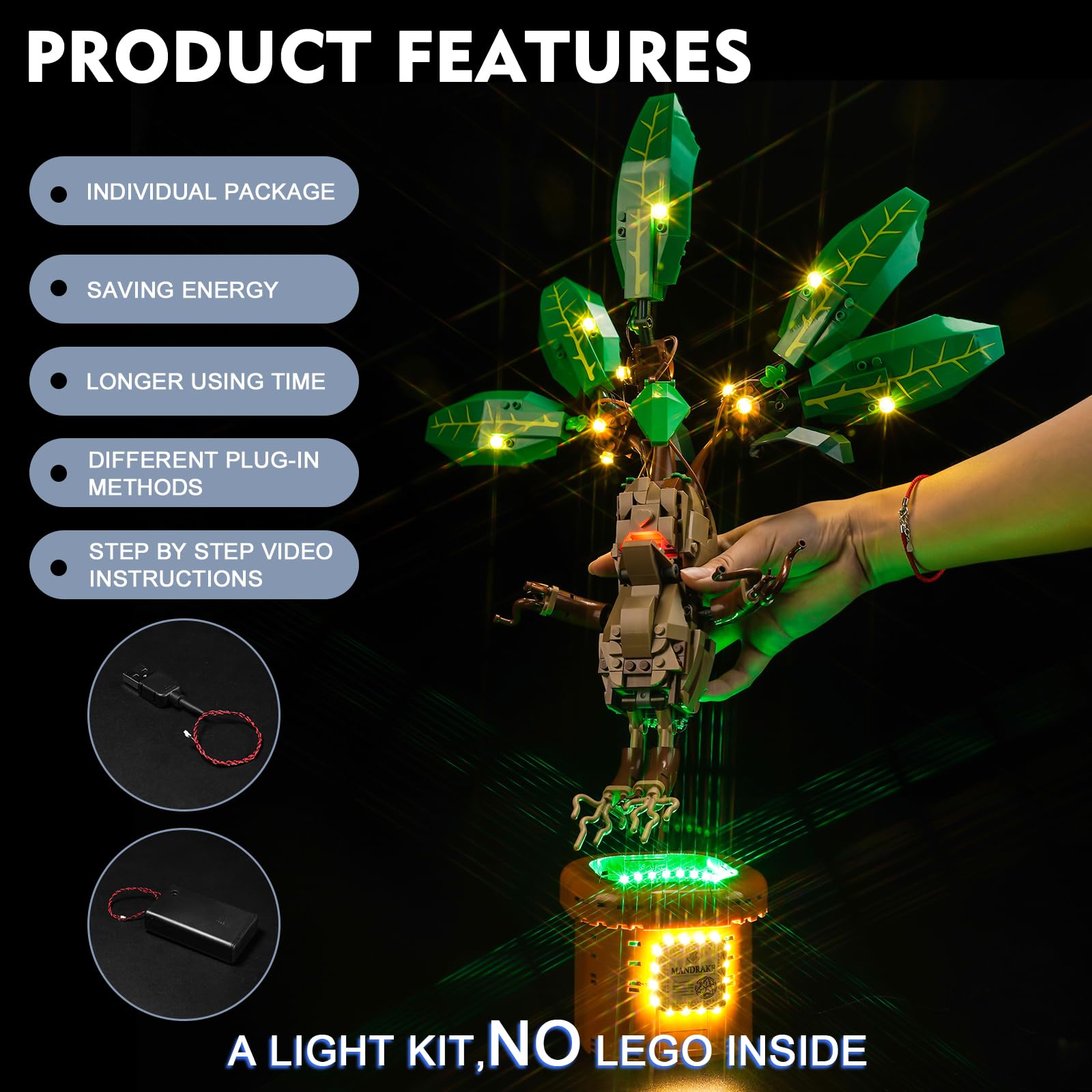 Led Light Kit for Mandrake Decoration - Lego Harry Potter Figure & Pot Plant Set - Standard Version, Green, 10.5 cm x 15.5 cm x 3 cm - Image 3