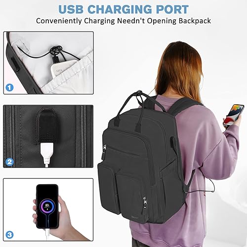 Miniatura 5 de Mancro Mochila de viaje para mujer con compartimento para portátil TSA, mochila para laptop de 15.6 pulgadas con puerto de carga USB y bolsillo seco