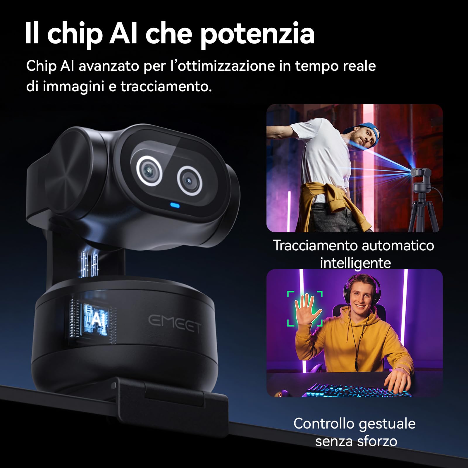 EMEET PIXY Telecamera PTZ 4K a Doppia Telecamera, AI Webcam，Messa a Fuoco Rapida in 0,2 s, con Sensore Sony, Web cam con 3 Microfoni, Webcam 4K per lo Streaming e Compatibile con OBS/Twitch/Switch 2
