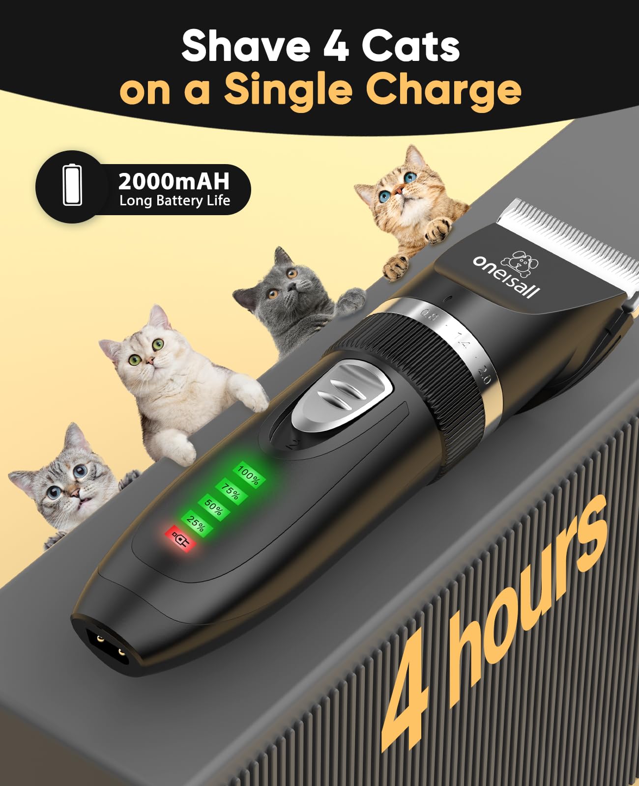 oneisall Tondeuse pour chat pour poils emmêlés, rasoir silencieux pour poils longs, tondeuse sans fil pour le toilettage, rasoir pour animaux domestiques à 2 vitesses, kit de toilettage pour chats,