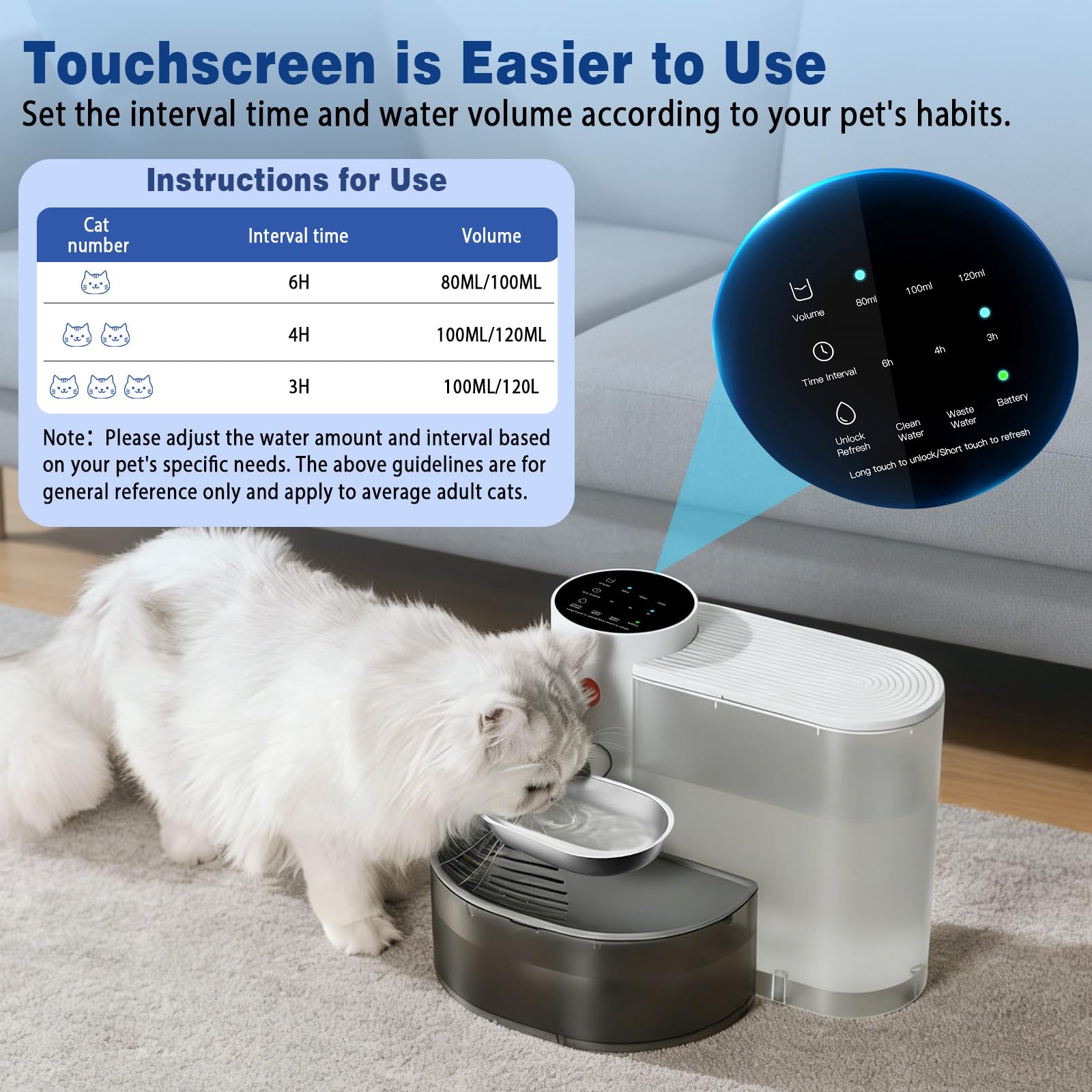 3.8L Fuente para Gatos sin Cable:,Bebedero automatico Gatos Sin Filtro e Inalámbrica con Batería 2000mAh Sistema de Separación de Agua Usada Cuenco de Acero Inoxidable Blanco