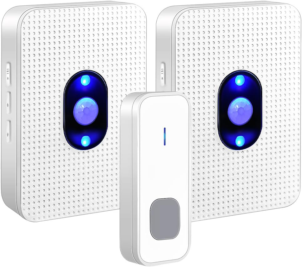 Wireless Doorbell,Waterproof Door Bell with Night Light & LED Flash,Cordless Door Chime Kit with 1 Push Button Transmitter & 2 Plug-in Receivers,300M Operating Range,5 Levels Volume,55 Melodies