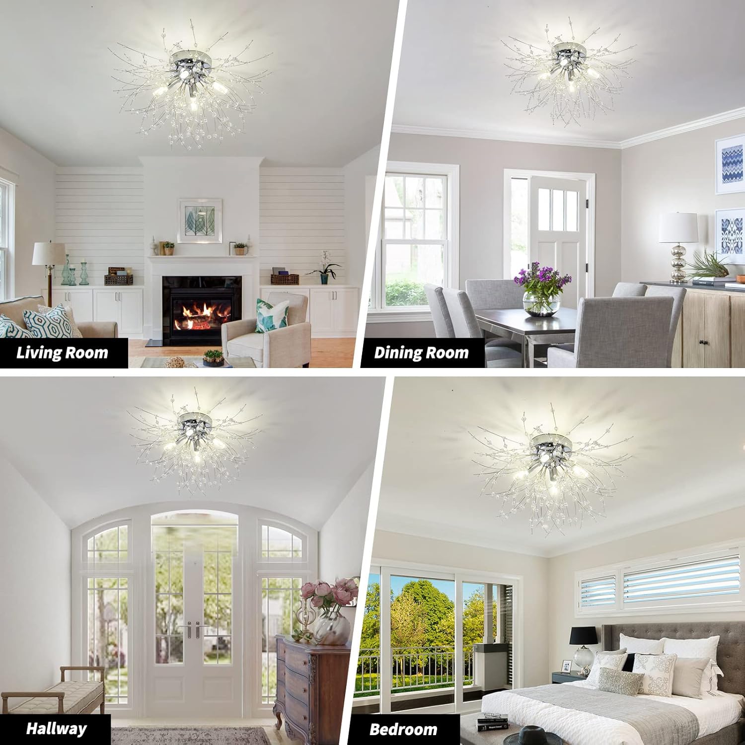 TANLUX Modern Mini Crystal Ceiling Light Fixture, 4-Light Chrome Crystal Sputnik Firework Chandelier, Semi Flush Mount Ceiling Light Fixtures for Bedroom Kitchen Hallway Entryway