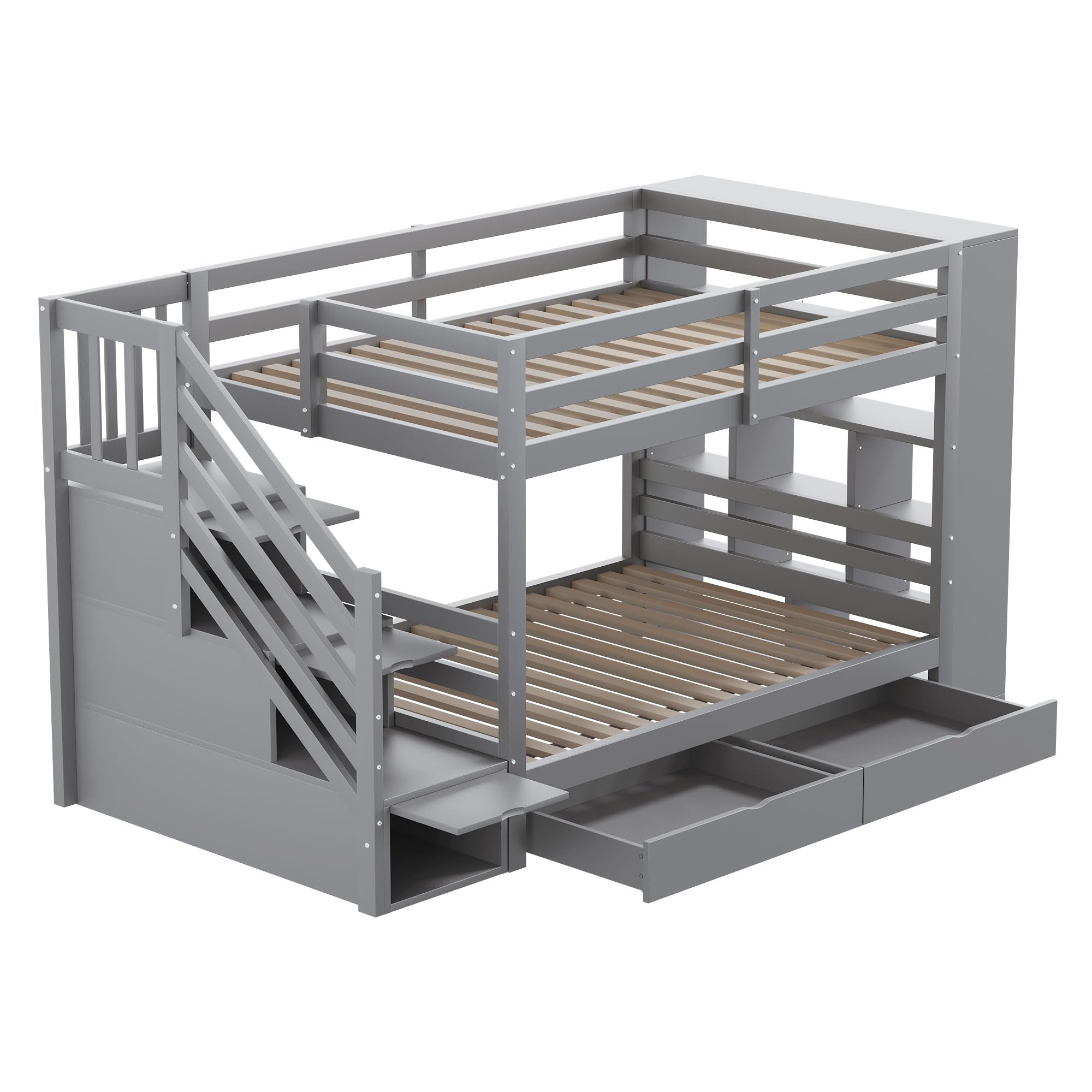 Litera de 90 x 200 cm, con escalera integrada con contenedor, dos cajones, amplio armario contenedor y barra de seguridad alta, cama de pino, apta para niños y jóvenes (gris)