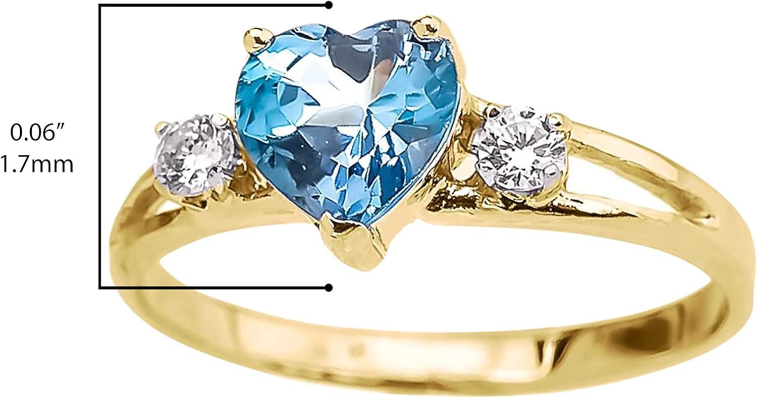 10k Yellow Gold Heart Shape Icy Blue Cubic Zirconia & White Topaz Split Shank Three Stone Promise Ring