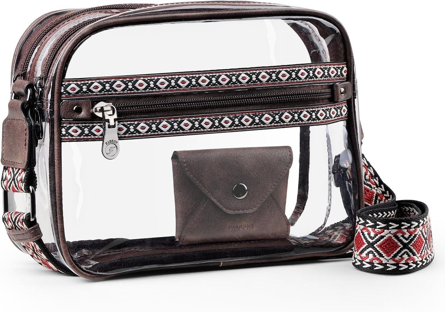 FADEON Clear Stadium Bags for Women, Designer Leather Clear Crossbody Purse Large Transparent Bag with Wide Strap for Events