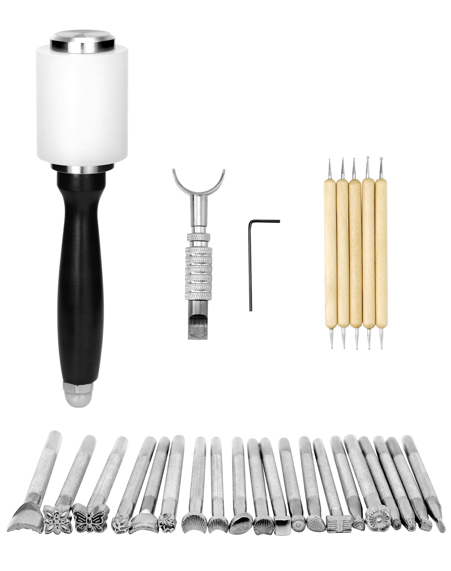 QWORK® 27 Pezzi Kit di Strumenti Artigianali in Pelle, Timbro e Martello in Nylon, Coltello da Intaglio, per Realizzazione Artigianale in Pelle