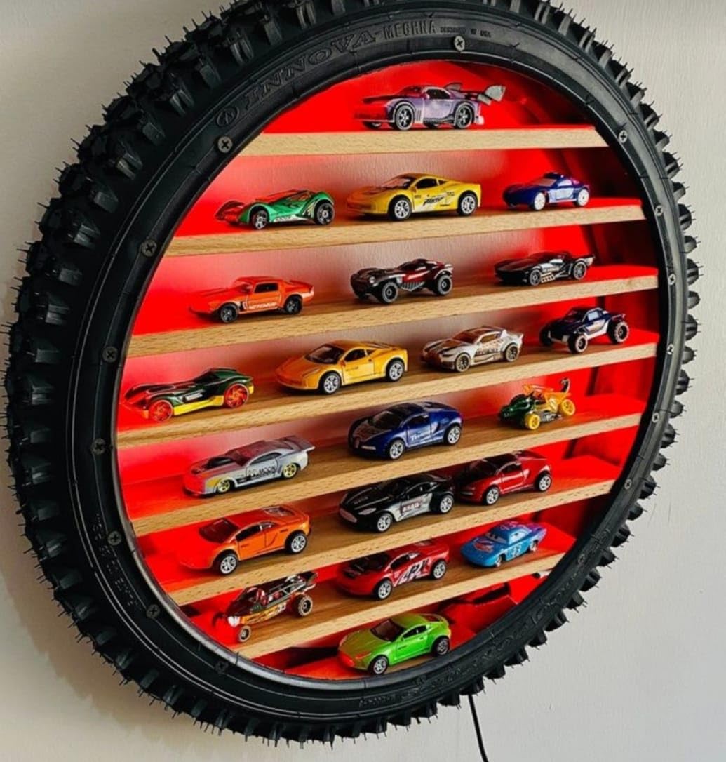 24-Inch Red Colour LED Display Shelf Wall-Mounted Storage Rack with Wooden Shelves, Tire Frame Design, RGB Backlight for Kids Room, Boys Bedroom & Playroom Décor Without Toys-image-26