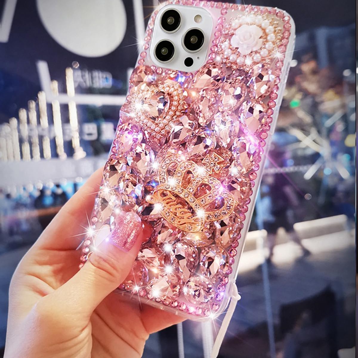 for iPhone 17 Pro Glitter Bling Case,Cute Luxury 3D Sparkle Crown Crystal Rhinestones Diamond Stunning Stones Pearl with Lanyard Wrist Strap Women Girls Phone Case for iPhone 17 Pro 6.3",Pink - Image 5