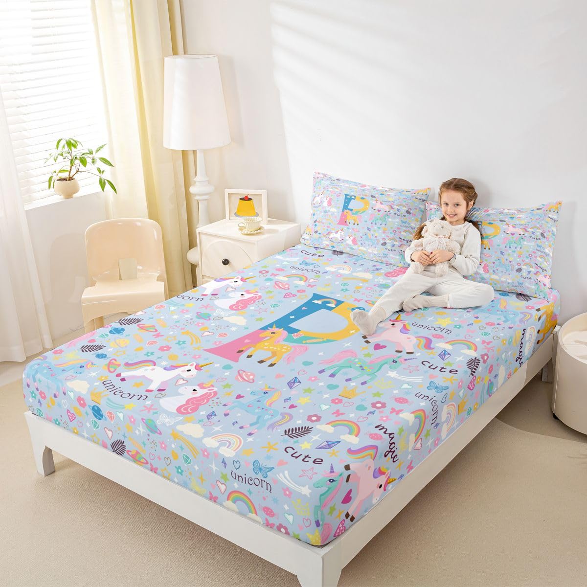 Homewish Niebieski jednorożec prześcieradła z podwójnym monogramem P jednorożec zestaw pościeli uroczy kawaii tęczowy zestaw pościeli - akwarela kwieciste dopasowane płaskie prześcieradła 4-częściowy