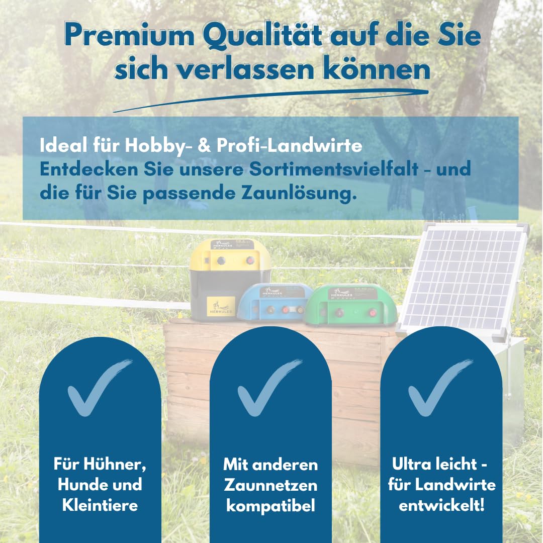 Herkules Geflügelnetz 50m x 120cm - Mobiler Geflügelzaun für Hühner - Stromloser Hühnerzaun mit engmaschigen und reißfesten Litzen - Geflügel Zaun inkl. 14 Weidezaunpfählen mit Doppelspitze