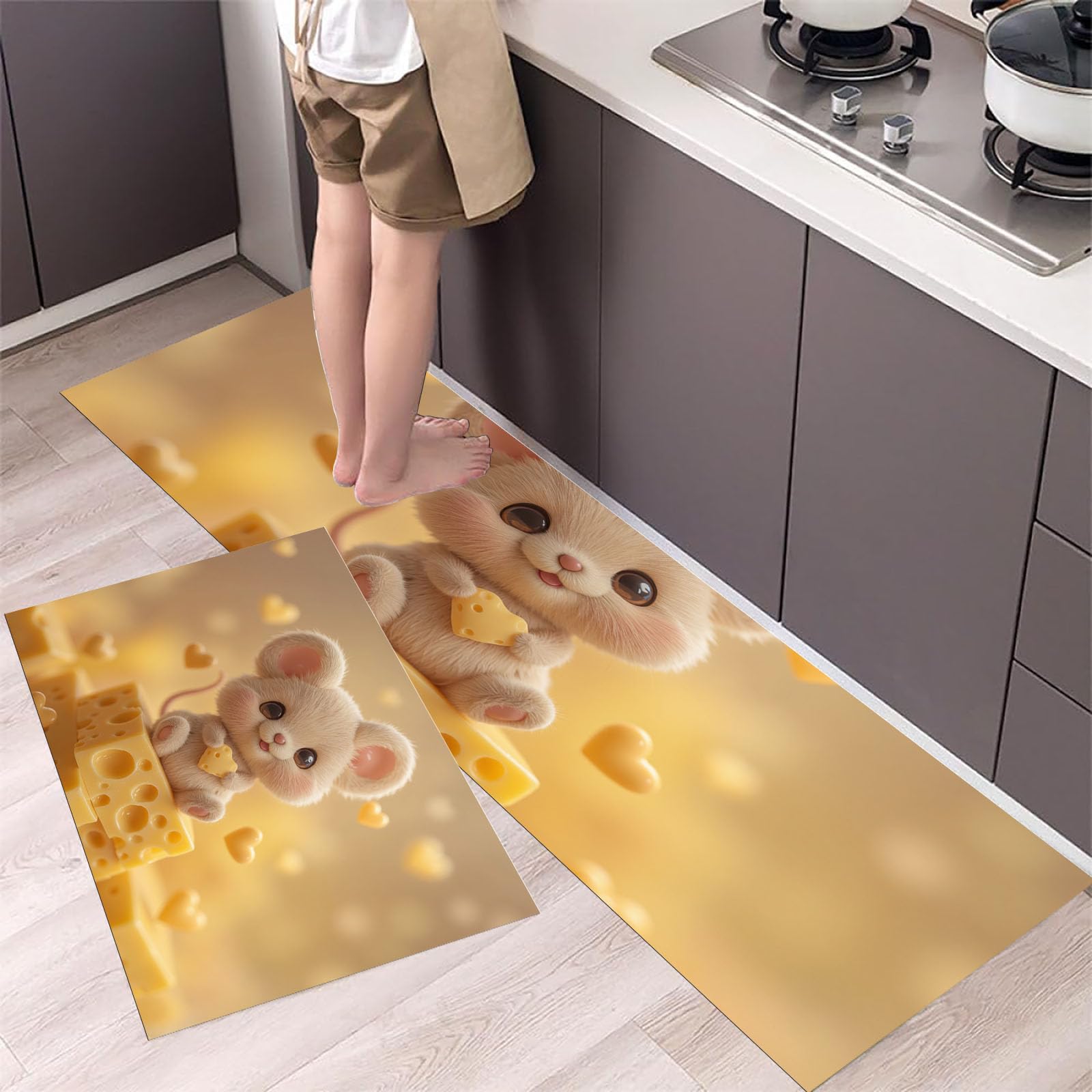 Tapis cuisine antidérapants motif animaux mignons pour décor beige chaleureux