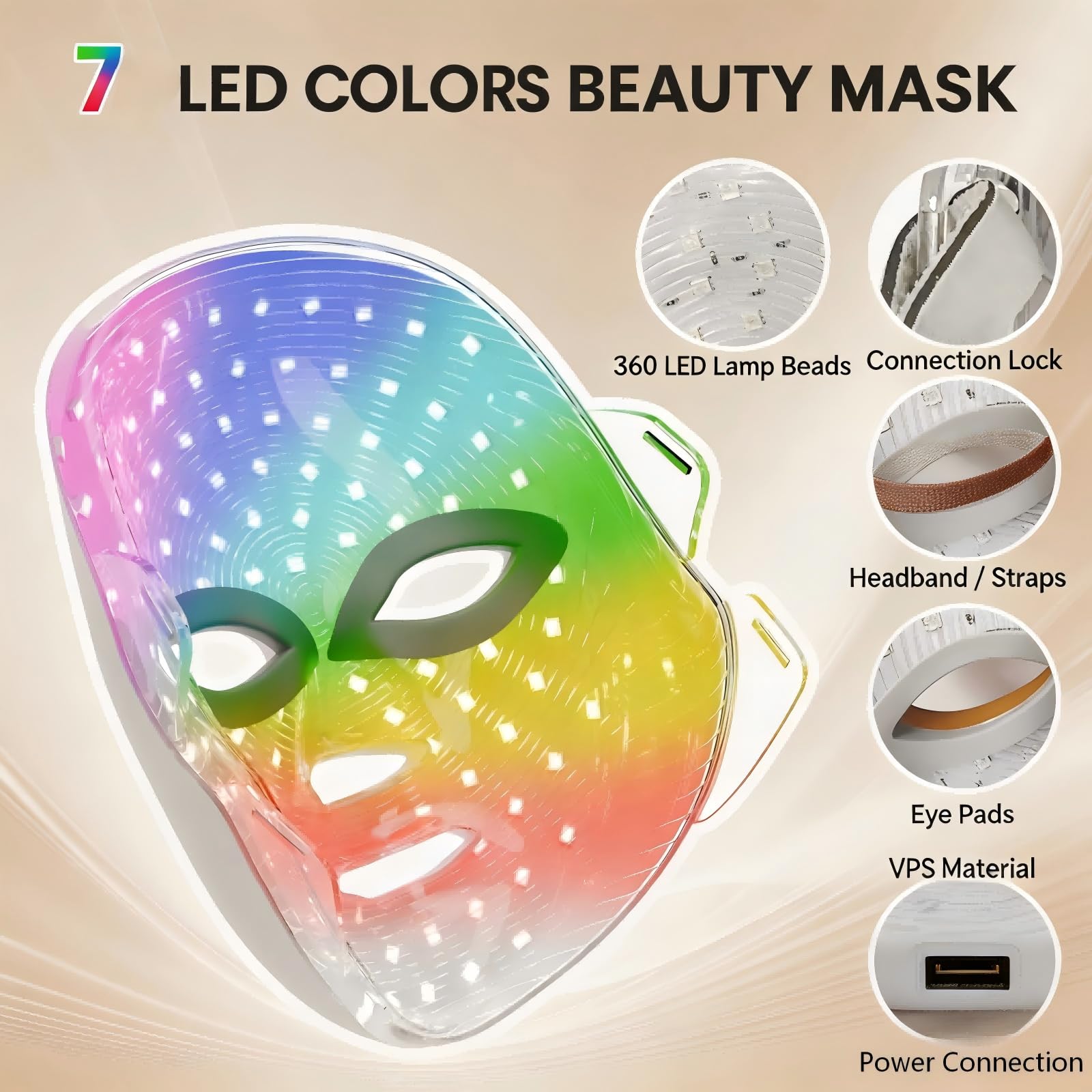 Maschera Viso LED 7 Colori Portatile con Controller Cablato Intensità Regolabile Silicone Morbido Cura Viso Casa Viaggio