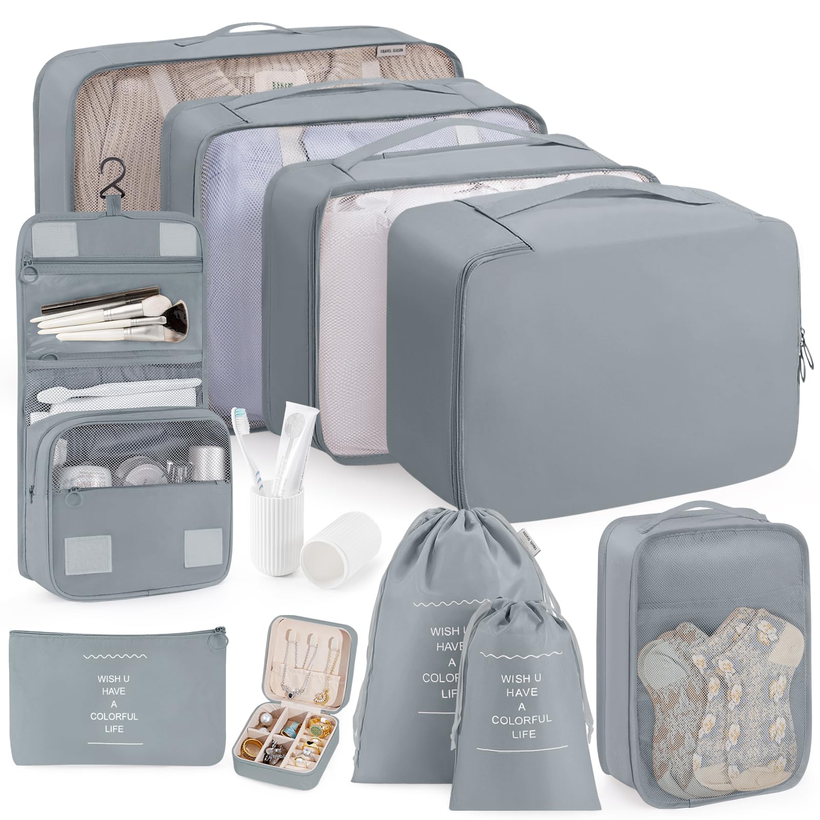 Packing Cubes 11 Set, Suitcase Organizers, Luggage Organizer Bags for Travel, Packing Cubes for Travel, with Toiletry Bag Essentials,Gray