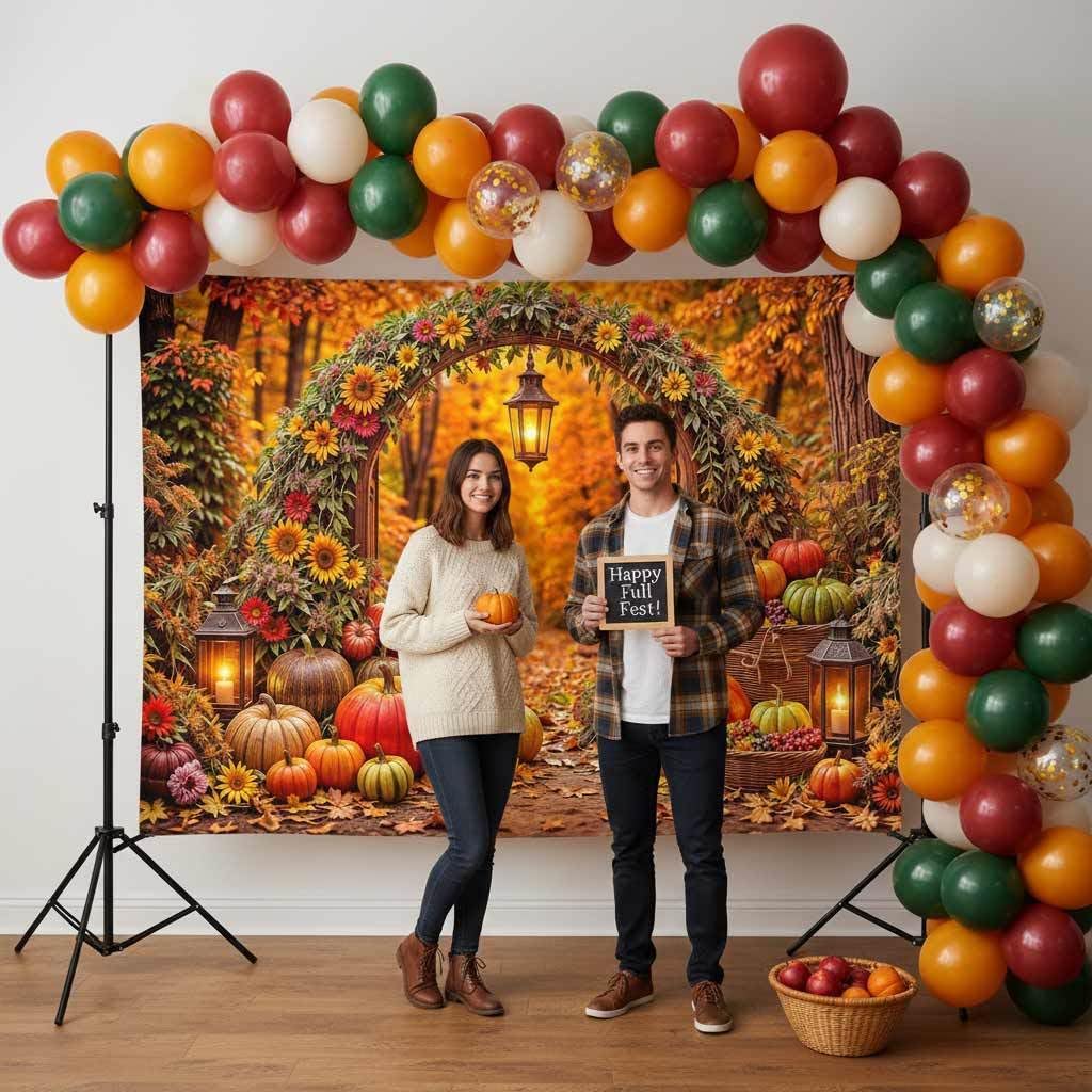 Fondale fotografico autunnale per il Ringraziamento, 2,1 x 1,5 m, con zucca, raccolto e arco, con girasoli, foglie d'acero e lanterne, per servizi fotografici di famiglia, accessori per foto e