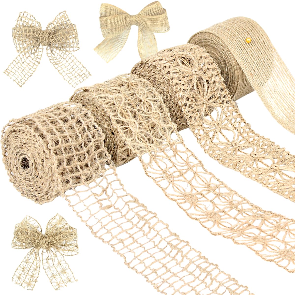 4 Rolls Burlap Ribbon 12 Yard Natural Jute Mesh Burlap Ribbon Trim Craft Ribbon for Gift Wrapping Crafts Party Decoration DIY Packaging(Khaki)