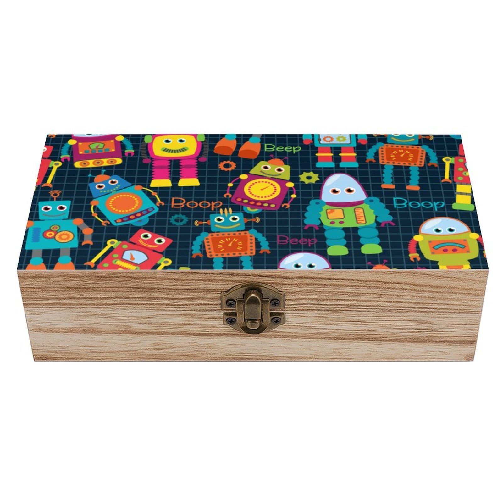 Cgsbngha Style Cute Robots Wooden Storage Boxes With Lid Memory Box Decorative Organiser For Office And Home