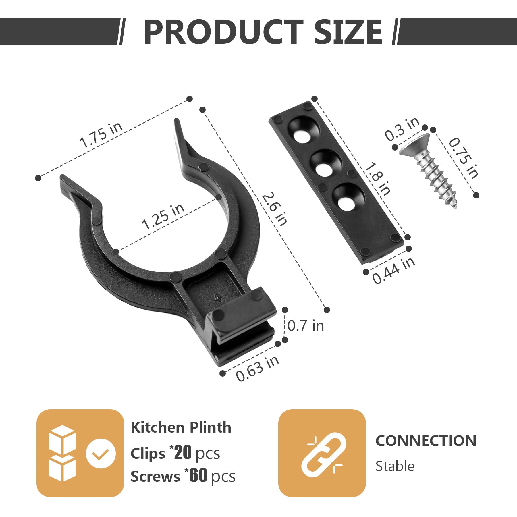 Kitchen Plinth Clips 20 Pack, Durable Kick Board Plinth Clips with 60 Screws - Image 2