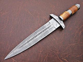 KE-01166-HK Custom and Handmade Damascus Steel Hunting Dagger Knife with Leather Sheath