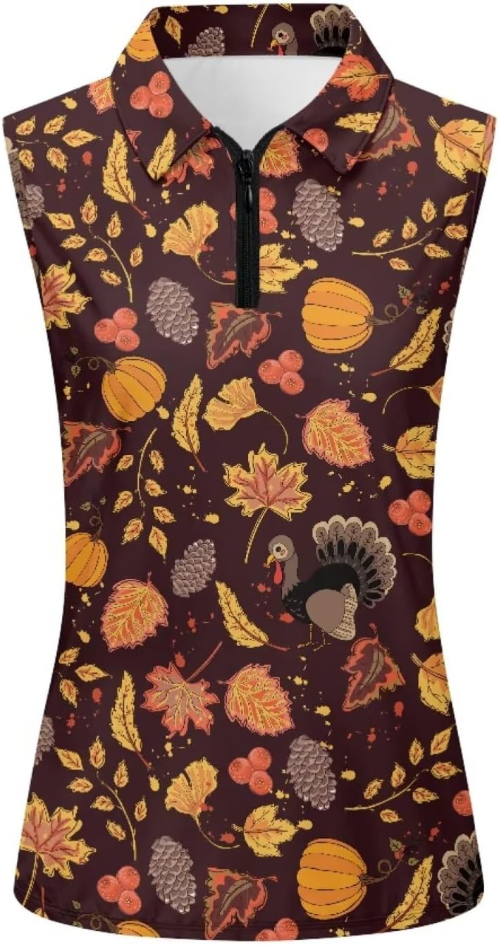GULANGYU Fall Maple Leaf Print Women's Sleeveless Golf Polor Shirt 1/4 Zip Workout Tennis Tank Top