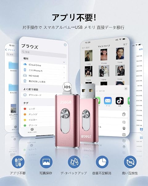 256GB usbメモリ【アプリ不要・アルバムから写真保存】4in1プッシュ型 Phone対応 スマホ携帯 高速 データ保存 バックアップ iOS/Type-C/USB/Micro USBフラッシュメモリ 外付けストレージ スライド式 容量不足解消 usbメモリ! (ピンク, 256GB) - 2