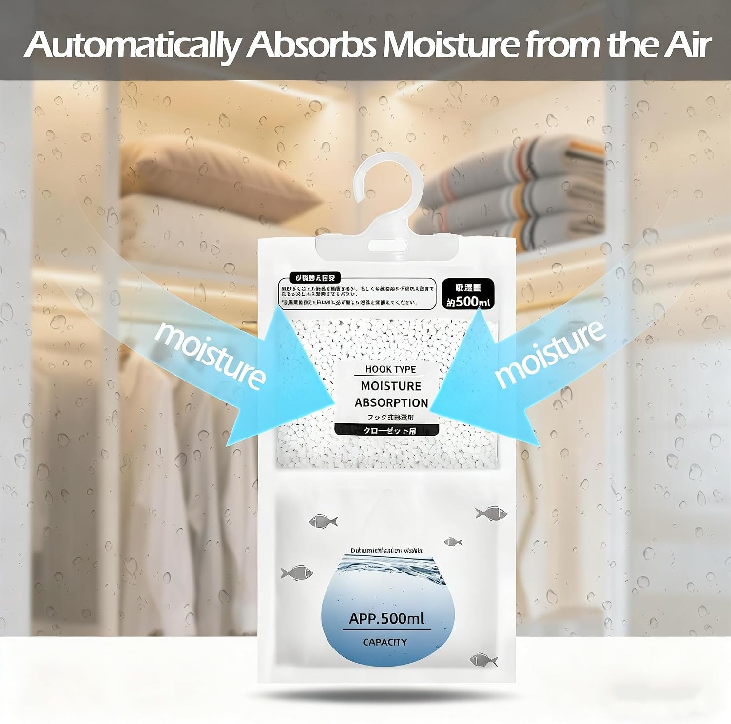 Moisture Absorbers 12 Pack，Hanging Closet Dehumidifier Bags,Humidity Packs, Humidity Absorber in Wardrobes, Bedrooms, Bathrooms