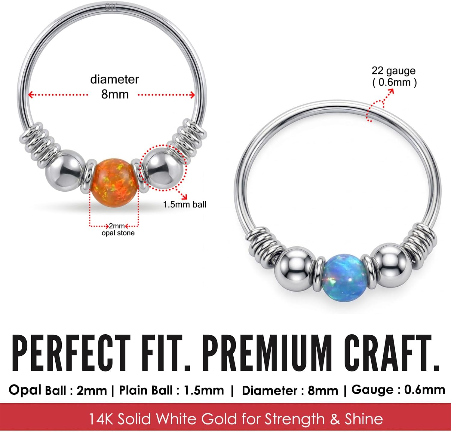 14K Solid White Gold Opal Stone with Double Ball and Spring Coil 22 Gauge Hoop Nose Ring - Cartilage - Daith - Rook - Lobe - Conch Piercing Body Jewelry