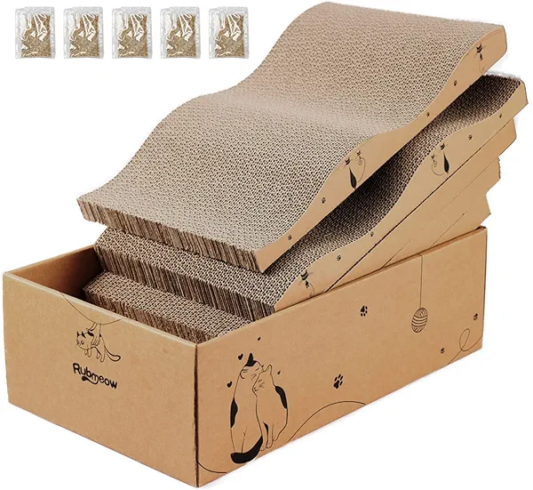 RUBMEOW Cat Scratcher Cardboard Scratch Pad Box for Indoor Cats,5pcs Scratching Board Bed Reversible Durable,with Catnip