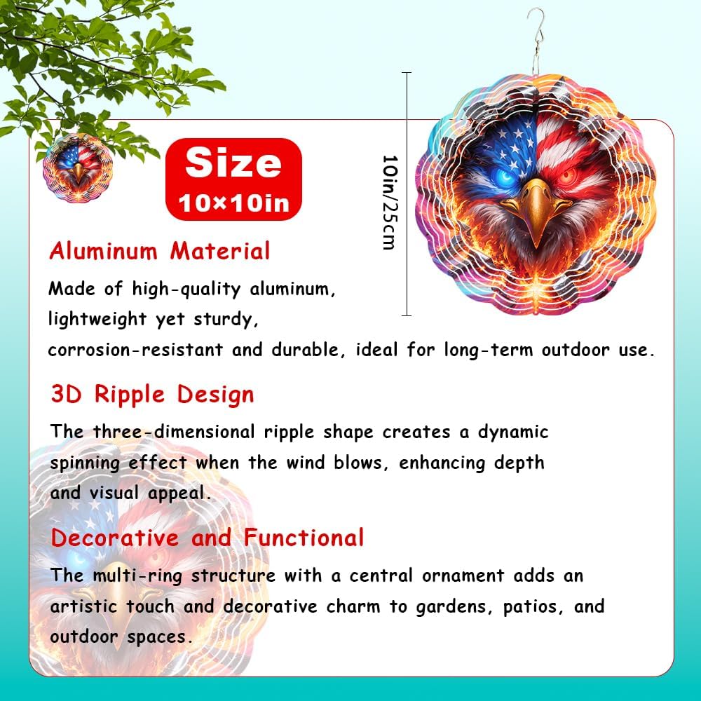 10x10 Patriotic Bald Eagle Fire Wind Spinner American Flag Crystal Chimes Outdoor Garden Decor Spinning Wind Chime Memorial Day 4th of July Gift
