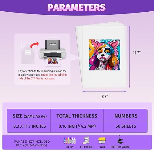 Miniatura 6 de LYPOBALA Película de transferencia DTF, película DTF mate de doble cara para impresora de inyección de tinta DTFEpson DTG, papel de transferencia de